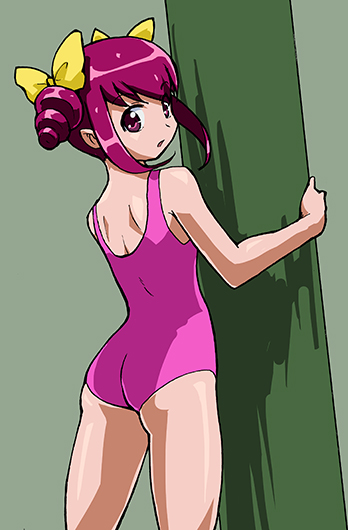 ass bow green_background hair_bow hoshizora_miyuki looking_at_viewer looking_back one-piece_swimsuit pink_eyes pink_hair pink_swimsuit precure rohitsuka short_hair smile_precure! solo swimsuit
