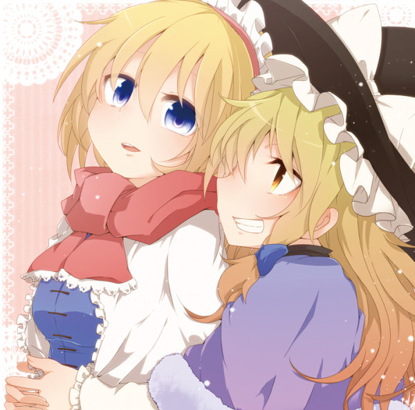 adapted_costume alice_margatroid aoi_(annbi) blonde_hair blue_dress blue_eyes capelet dress grin hairband hat hug hug_from_behind kirisame_marisa long_sleeves multiple_girls open_mouth scarf smile touhou upper_body witch_hat yellow_eyes