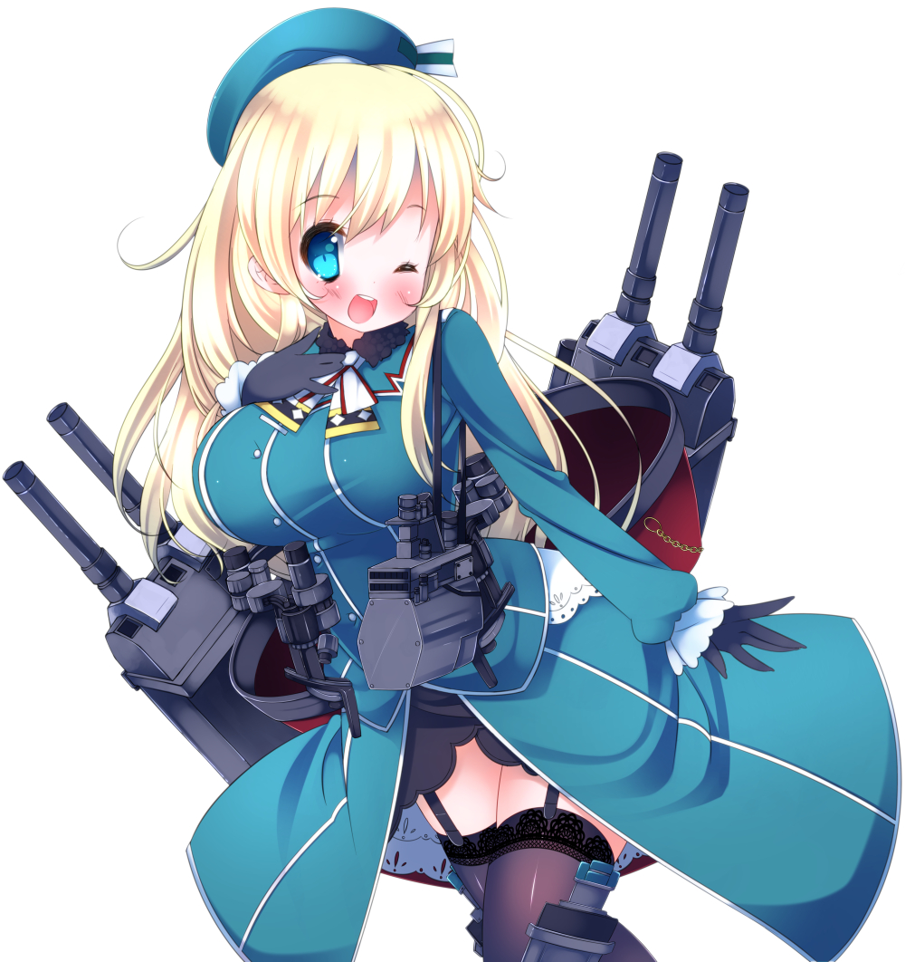 ;d alternate_legwear atago_(kantai_collection) beret black_gloves breasts garter_straps gloves hand_on_own_chest hat huge_breasts kantai_collection long_hair looking_at_viewer machinery one_eye_closed open_mouth simple_background smile solo turret uniform walking white_background zefa_(neoaltemice)