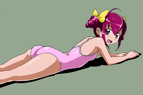 ahoge ass blush bow green_background hair_bow hoshizora_miyuki looking_at_viewer lying on_stomach one-piece_swimsuit open_mouth pink_eyes pink_hair pink_swimsuit precure rohitsuka short_hair smile_precure! solo swimsuit