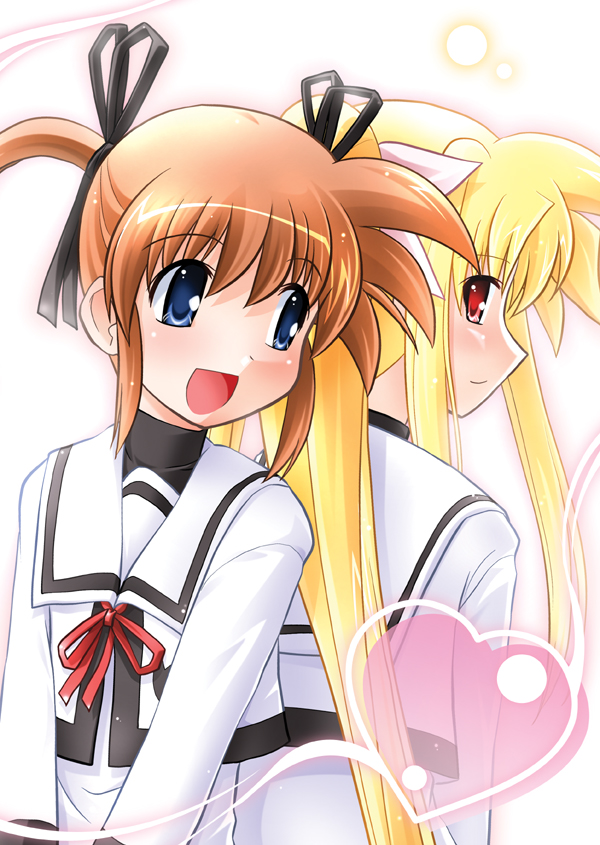 2girls artist_request blonde_hair blue_eyes brown_hair couple fate_testarossa female hair_ornament happy heart long_hair looking_at_another lyrical_nanoha mahou_shoujo_lyrical_nanoha mahou_shoujo_lyrical_nanoha_a's mahou_shoujo_lyrical_nanoha_a's multiple_girls open_mouth pigtails red_eyes school_uniform short_hair short_twintails simple_background smile sumeragi_kou takamachi_nanoha twintails uniform yuri