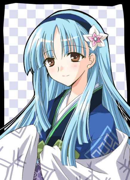 blue_hair brown_eyes checkered checkered_background coupytwo hairband japanese_clothes kimono long_hair rance_(series) sengoku_rance solo yukihime_(sengoku_rance)
