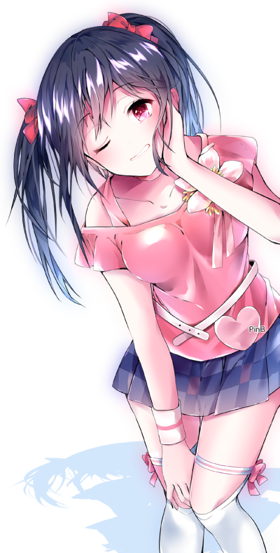 artist_name bad_id bad_pixiv_id black_hair bow collarbone hair_bow hand_on_own_cheek hand_on_own_knee happy_maker! head_tilt heart leaning_to_the_side love_live! love_live!_school_idol_project one_eye_closed pinb pink_eyes shadow skirt solo sweatband thigh_strap twintails white_background white_legwear yazawa_nico