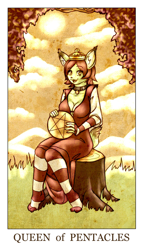 anthro breasts brown_hair card cleavage clothed clothing cloud collar crown dress feline female feralise grass hair legwear looking_at_viewer lynx mammal minor_arcana open_mouth outside pentacle queen_of_pentacles_(tarot) royalty sky solo stockings stump sun tarot_card vivi_(trix_the_cat) yellow_eyes