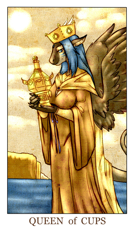 anthro blue_eyes blue_hair bluefire_dragonz_(character) breasts cape card cleavage clothed clothing cloud crown dragon dress feathered_wings feathers female feralise grey_feathers grey_scales hair horn minor_arcana outside queen_of_cups_(tarot) royalty scales sky solo sun tarot_card urn water white_scales wings