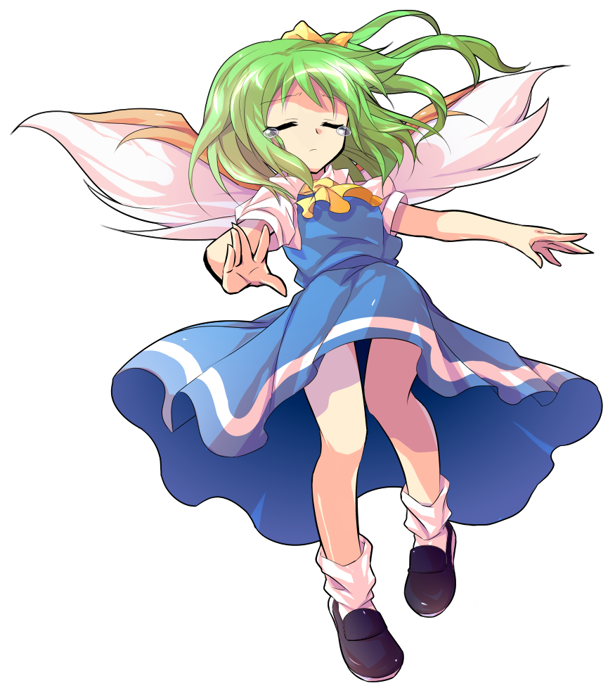 alphes_(style) ascot bare_legs dairi daiyousei dress full_body green_hair parody puffy_short_sleeves puffy_sleeves short_hair short_sleeves side_ponytail style_parody tears touhou transparent_background wings