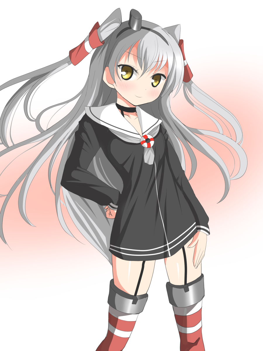 amatsukaze_(kantai_collection) blush deego_(omochi_bazooka) dress garter_straps hand_on_hip highres kantai_collection long_hair looking_at_viewer sailor_dress short_dress silver_hair smile solo striped striped_legwear thighhighs two_side_up yellow_eyes zettai_ryouiki