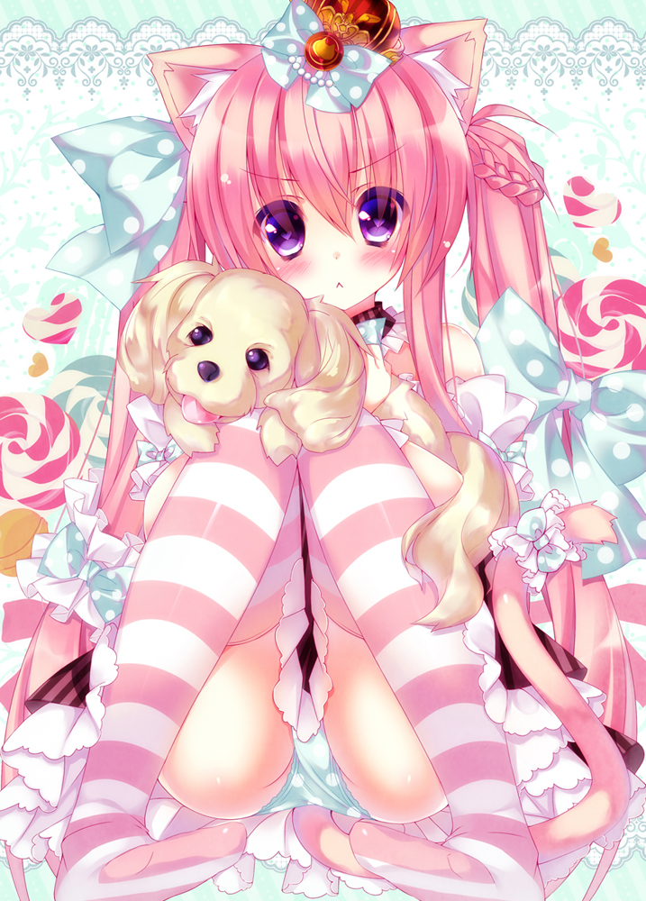 :&lt; animal_ears blush bow candy cat_ears cat_tail closed_mouth crown dog dog_ears food heart heart-shaped_food heart-shaped_pupils lollipop long_hair looking_at_viewer ooji_cha original panties pink pink_hair pink_legwear polka_dot polka_dot_bow polka_dot_panties purple_eyes solo striped striped_legwear swirl_lollipop symbol-shaped_pupils tail thighhighs twintails underwear v-shaped_eyebrows