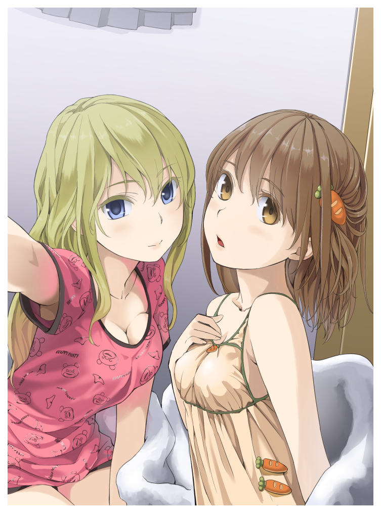 armpit_peek blanket blonde_hair blue_eyes breasts brown_eyes brown_hair camisole carrot_hair_ornament cleavage collarbone colored_eyelashes food_themed_hair_ornament hair_ornament hand_on_own_chest indoors light_smile long_hair looking_at_viewer medium_breasts multiple_girls open_mouth original reaching_out self_shot shirt short_hair t-shirt yoropa