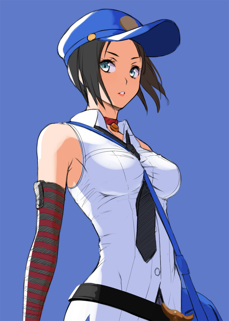 bag bare_shoulders between_breasts black_hair blue_background blue_eyes breasts cabbie_hat choker elbow_gloves gloves hat marie_(persona_4) medium_breasts nanahime necktie necktie_between_breasts parted_lips persona persona_4 persona_4_the_golden short_hair shoulder_bag sleeveless solo strap_cleavage striped striped_gloves upper_body
