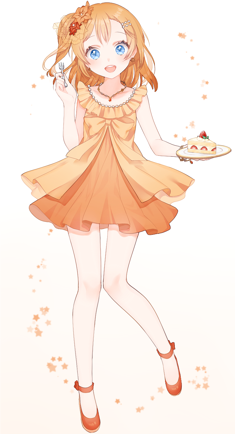 bad_id bad_twitter_id blue_eyes bow brown_hair cake dress earrings flower food fork hair_flower hair_ornament hairclip half_updo highres jewelry kousaka_honoka long_hair love_live! love_live!_school_idol_project marin_(myuy_3) necklace one_side_up open_mouth orange_dress plate short_hair sleeveless smile solo strawberry_shortcake white_background