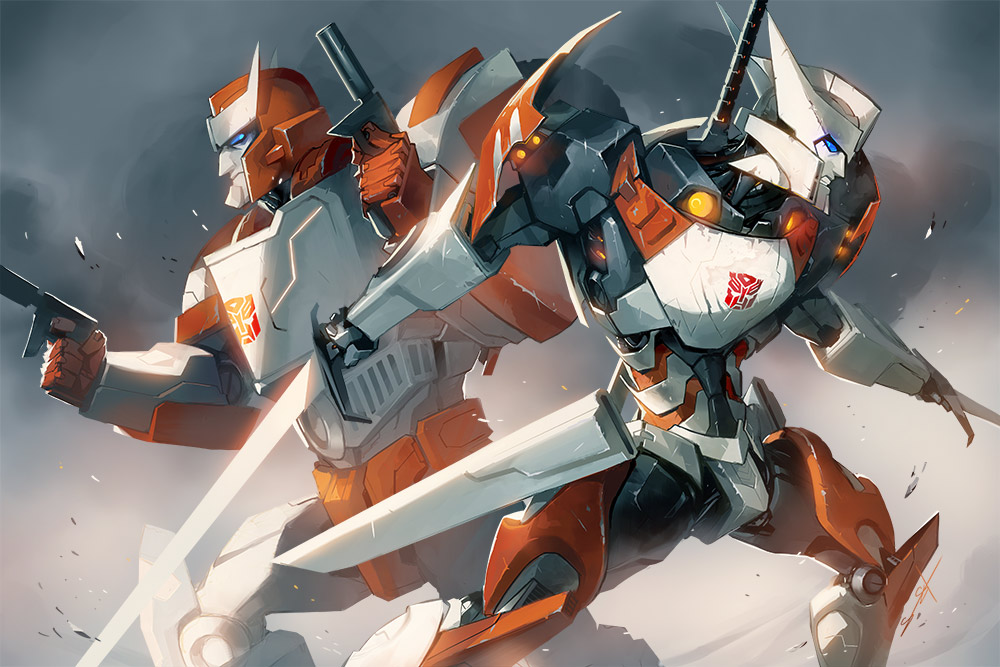 angry back-to-back drift dual_wielding emblem gun holding mecha multiple_boys ratchet realistic robot sarah_stone science_fiction sword transformers weapon