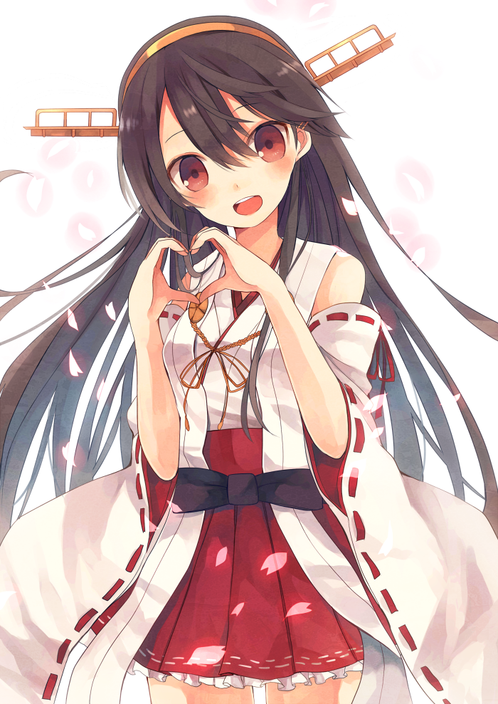 :d black_hair brown_eyes detached_sleeves hairband haruna_(kantai_collection) heart heart_hands kantai_collection long_hair looking_at_viewer nontraditional_miko open_mouth petals pleated_skirt ribbon-trimmed_sleeves ribbon_trim shugao skirt smile solo wide_sleeves