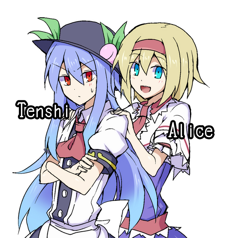 alice_margatroid ascot blonde_hair blue_eyes blue_hair bow capelet character_name crossed_arms dress food fruit hairband hands_on_shoulders hat hinanawi_tenshi kenuu_(kenny) long_hair multiple_girls open_mouth peach red_eyes ribbon short_hair simple_background smile touhou white_background