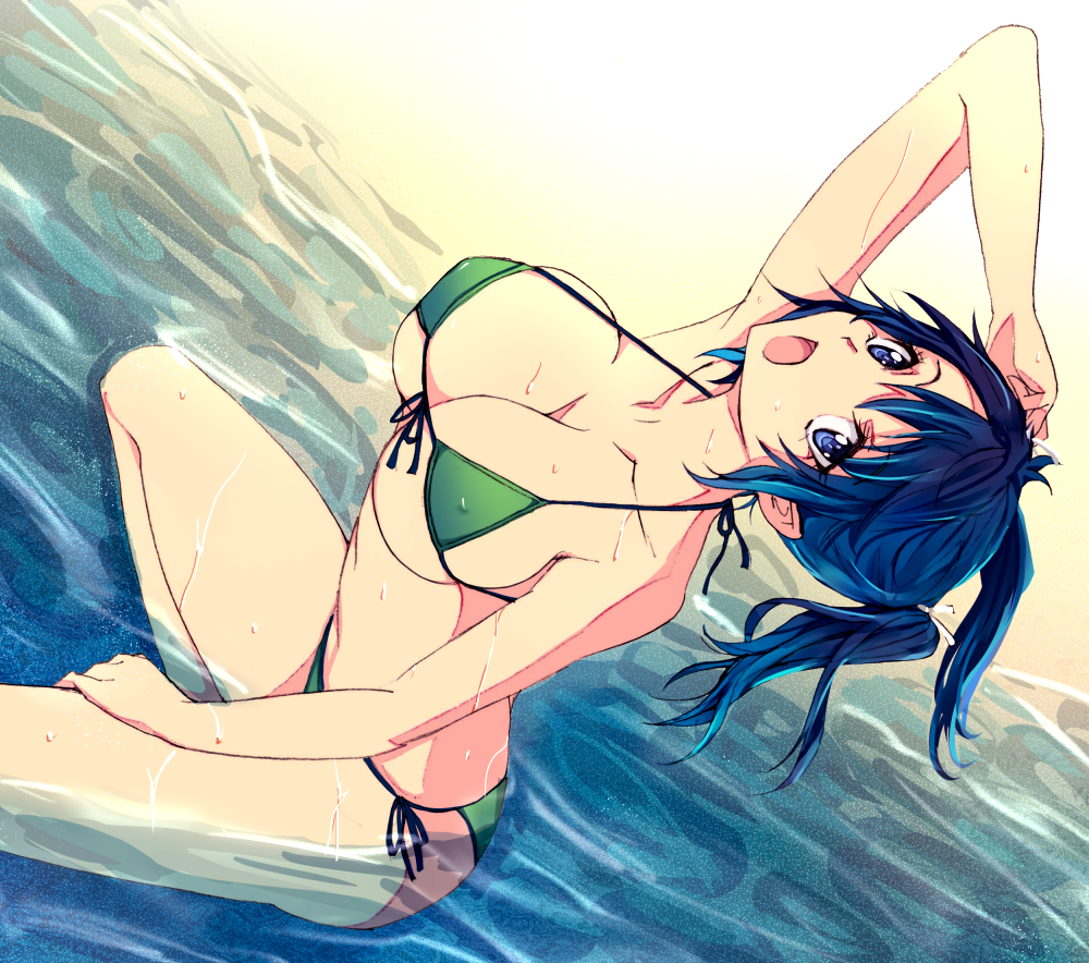 arm_up bikini blue_eyes blue_hair blush breasts covered_nipples day front-tie_top green_bikini kantai_collection large_breasts leaning_back micro_bikini open_mouth outdoors partially_submerged short_hair side-tie_bikini solo souryuu_(kantai_collection) swimsuit twintails underboob water wet yaoto