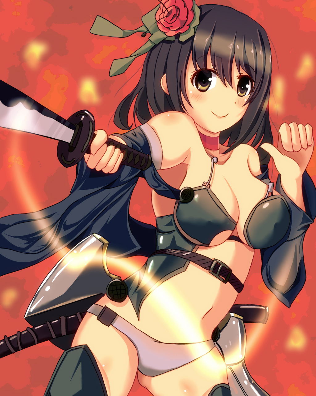 armor breasts brown_eyes brown_hair flower hair_flower hair_ornament highres medium_breasts meturyusinzero original panties short_hair smile solo sword underwear weapon