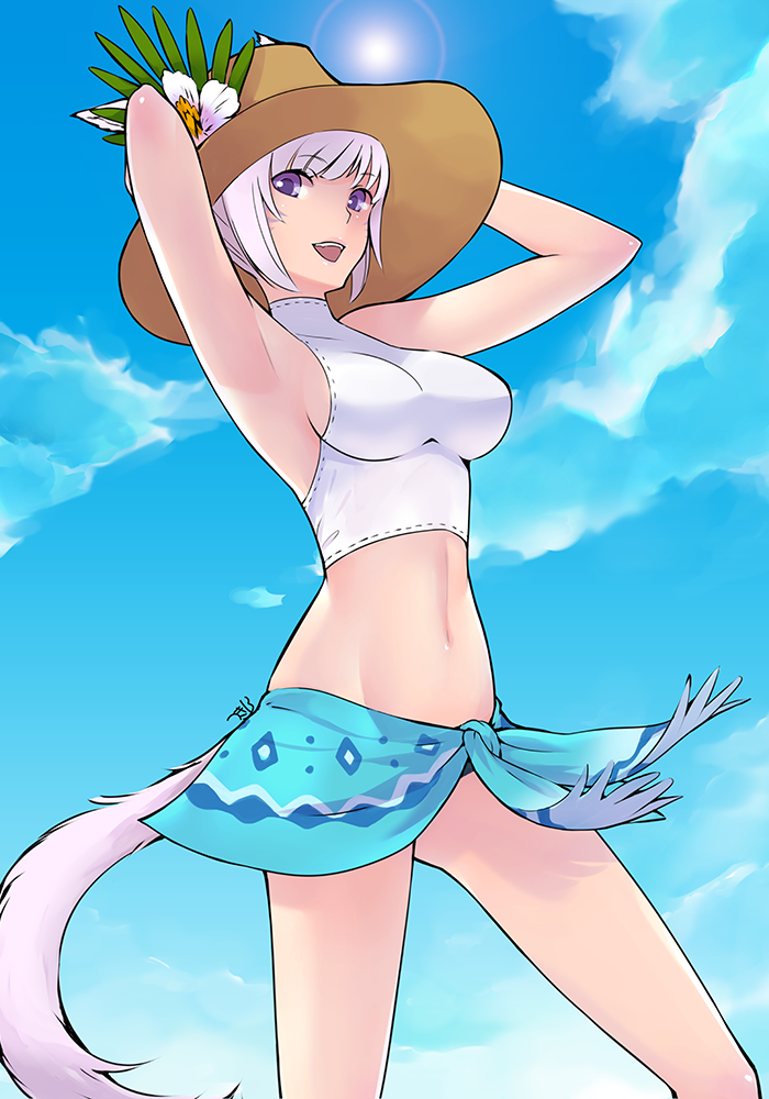 armpits arms_up cloud day final_fantasy final_fantasy_xiv hat lens_flare looking_at_viewer miqo'te navel open_mouth purple_eyes sarong short_hair sky smile solo sun swimsuit tail takatsuki_kahiro tankini white_hair