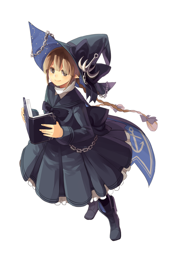 anchor bad_id bad_pixiv_id black_dress book braid brown_eyes brown_hair capelet chain dress hat long_hair long_sleeves oounabara_to_wadanohara pointy_ears sash silence_girl smile solo twin_braids very_long_hair wadanohara witch_hat