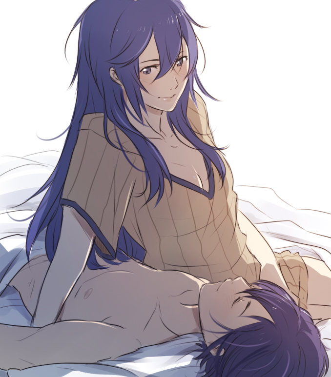 1girl blue_eyes blue_hair breasts cleavage clothed_female_nude_male couple fire_emblem fire_emblem:_kakusei hetero long_hair lucina mark_(fire_emblem) mark_(male)_(fire_emblem) naked_sheet nightgown nude sitting sleeping small_breasts smile tusia v-neck yokozuwari