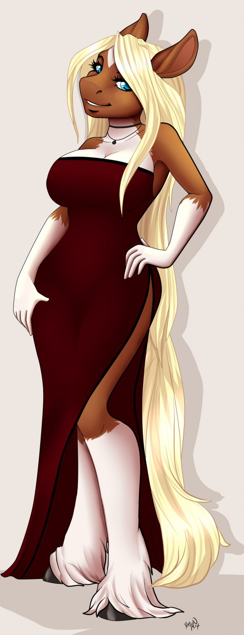 2014 5_fingers anthro big_breasts blonde_hair blue_eyes breasts cleavage clothed clothing dress equine female hair hands_on_hips long_hair looking_at_viewer mammal pose razor_(character) robyn_paperdoll solo standing