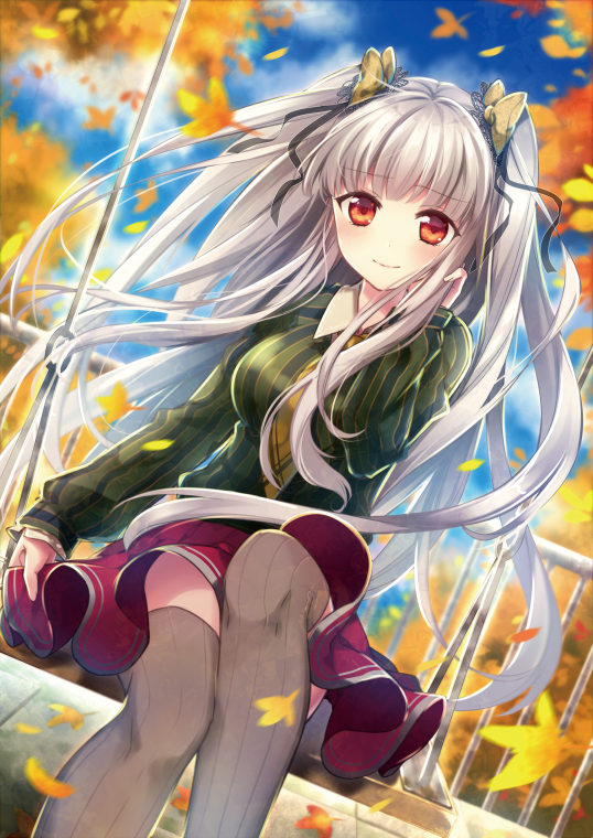 bangs blurry bow depth_of_field eyebrows_visible_through_hair hair_bow hair_ornament hair_ribbon leaf long_hair long_sleeves looking_at_viewer original red_eyes ribbon riichu shirt silver_hair sitting smile solo striped striped_shirt swing two_side_up wind