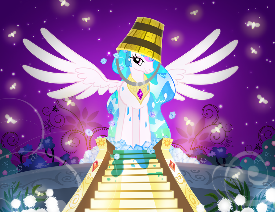 2014 bucket equine eyeshadow female friendship_is_magic gold hair horn ice ice_cube looking_at_viewer makeup mammal multi-colored_hair my_little_pony necklace pixelkitties princess_celestia_(mlp) purple_eyes solo standing steps water winged_unicorn wings