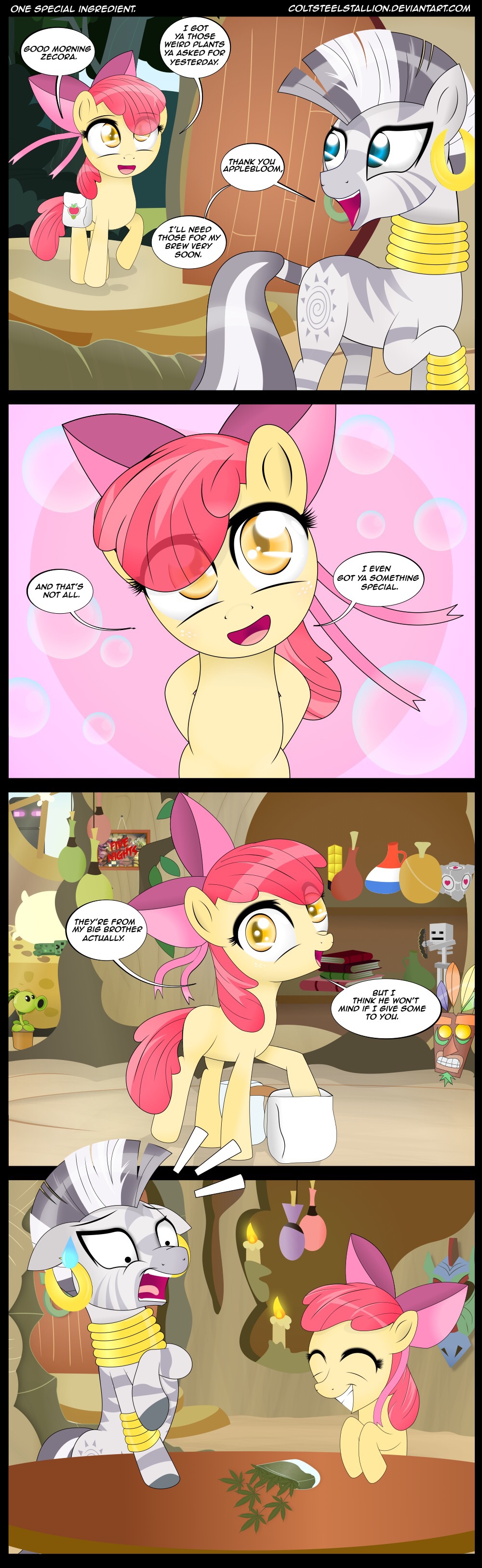 &lt;3 2014 aku-aku amber_eyes apple_bloom_(mlp) bag bed bellsprout blue_eyes bone bottle bow coltsteelstallion comic crash_bandicoot_(series) creeper cutie_mark dialog drugs duo earth_pony enderman english_text equine female five_nights_at_freddy's freckles friendship_is_magic gold hair horse mammal marijuana mask minecraft my_little_pony neck_rings nintendo piercing pillow pok&eacute;mon pony portal_(series) red_hair shocked skeleton stripes sweat text tower_of_pimps valve video_games weighted_companion_cube zebra zecora_(mlp)