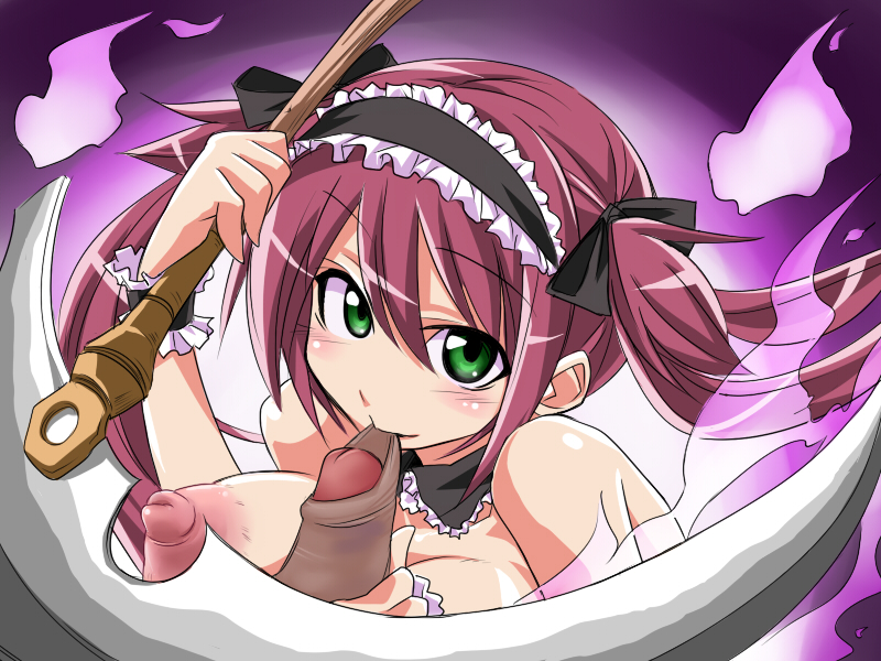 airi airi_(queen's_blade) blush breasts fellatio green_eyes kobayashi_tetsuya long_hair looking_at_viewer nipples oral penis queen's_blade queen's_blade red_hair scythe twintails uncensored weapon
