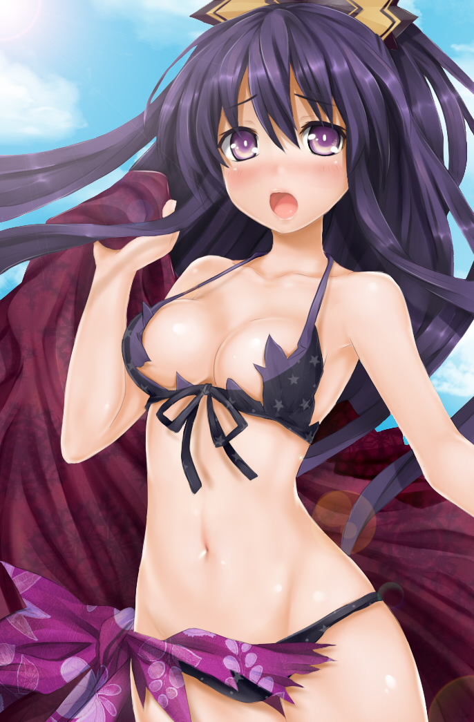 :o beach_towel bikini blush bow breasts cleavage colorized date_a_live front-tie_top groin large_breasts long_hair navel open_mouth pitui1996 purple_eyes purple_hair shiny shiny_skin solo strap_gap swimsuit thigh_gap towel very_long_hair yatogami_tooka yellow_bow