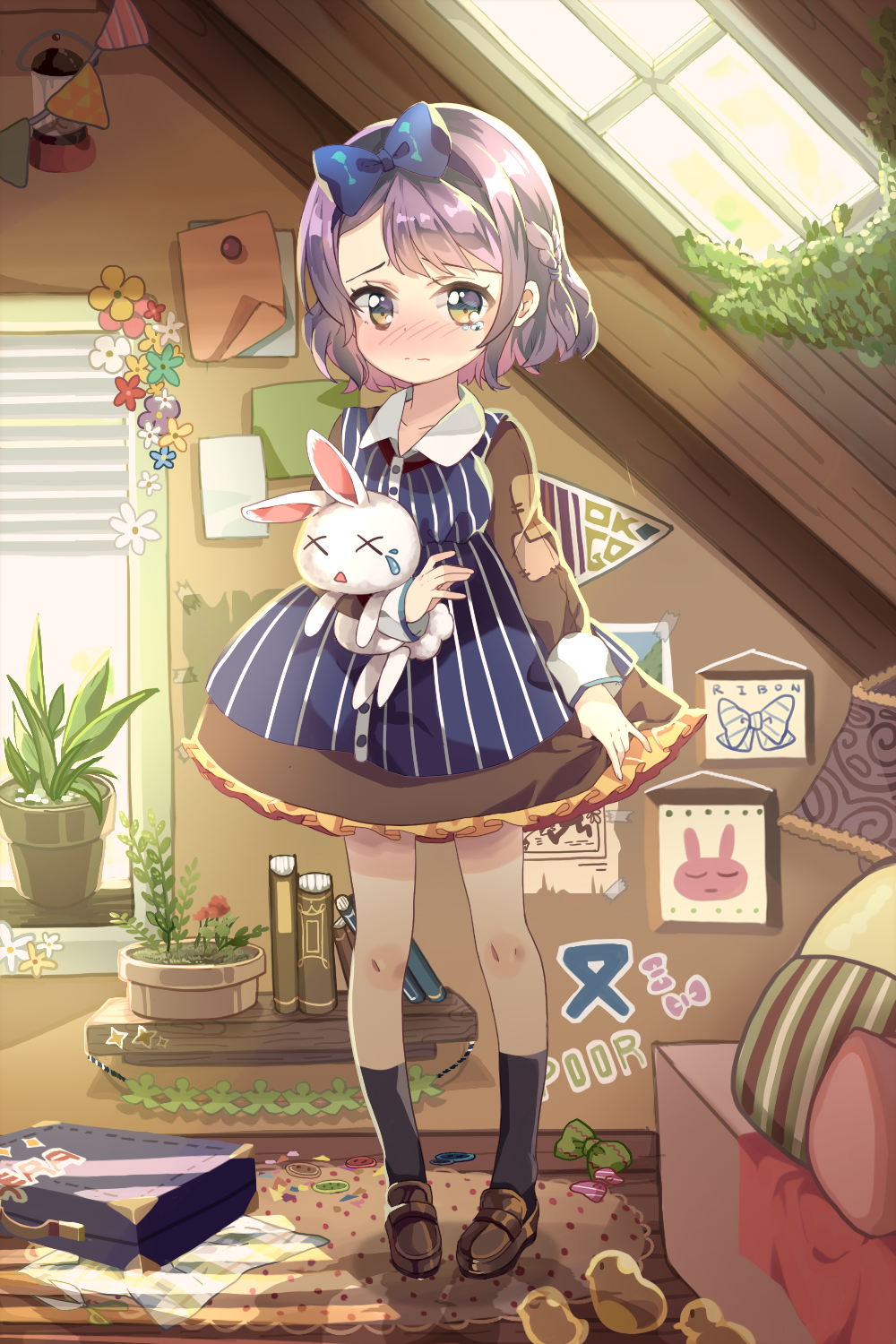 &gt;_&lt; aqua_eyes bad_id bad_pixiv_id blue_dress blush book briefcase building buttons candy closed_eyes collar dress flower flower_pot food full_body green_eyes hair_ribbon highres indoors ivy kneehighs loafers long_sleeves original pillow plant poster_(object) potted_plant purple_hair ribbon sad shoes short_hair shuf sleeve_cuffs solo standing stitches striped striped_dress stuffed_animal stuffed_bunny stuffed_toy sunlight sweets tears window windowsill x_x