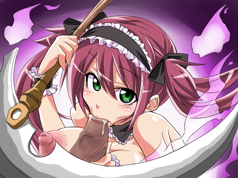 :&gt;= airi airi_(queen's_blade) blush breasts fellatio green_eyes kobayashi_tetsuya long_hair looking_at_viewer nipples oral penis queen's_blade queen's_blade red_hair scythe twintails uncensored weapon