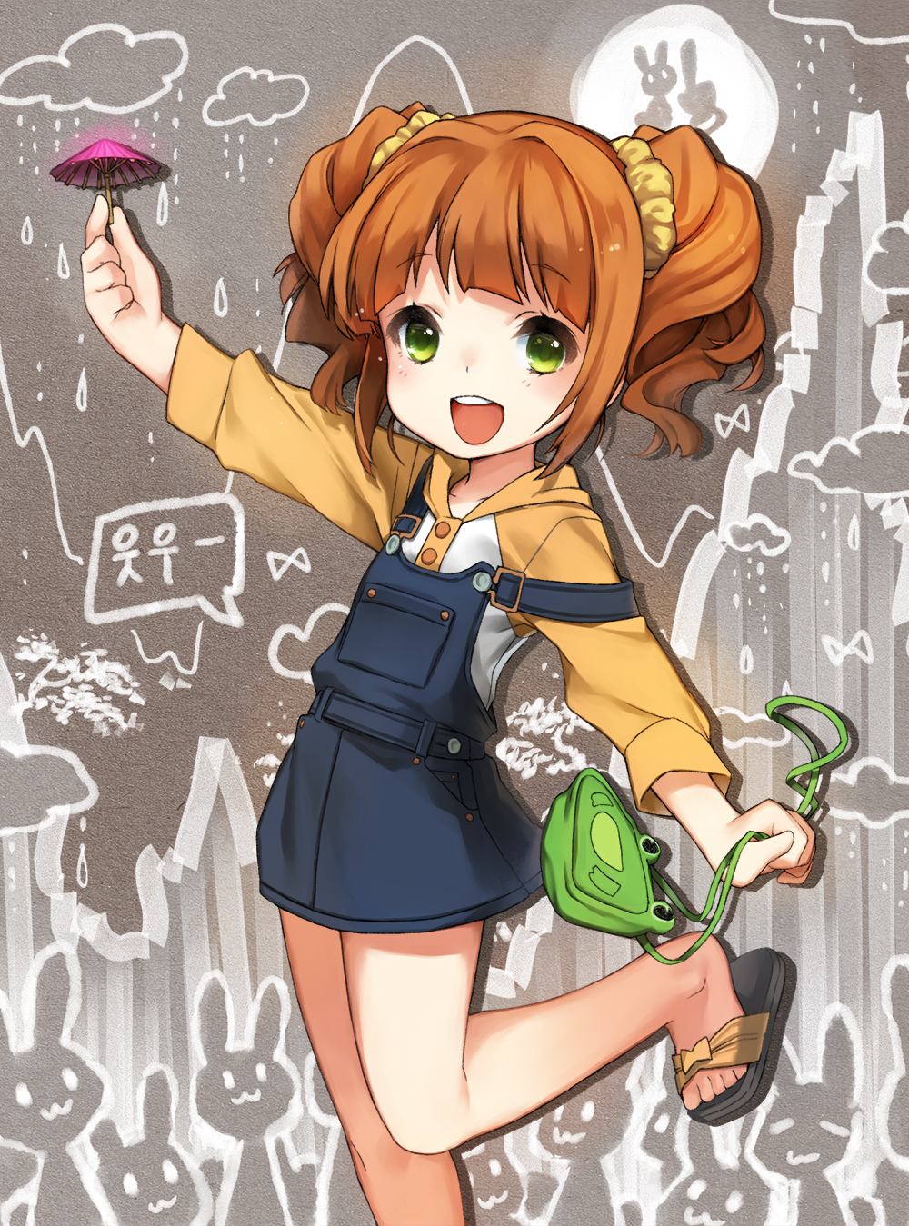 :d bag brown_hair casual green_eyes handbag highres holding idolmaster idolmaster_(classic) looking_at_viewer open_mouth overalls sandals smile solo strap_slip takatsuki_yayoi takotsu twintails