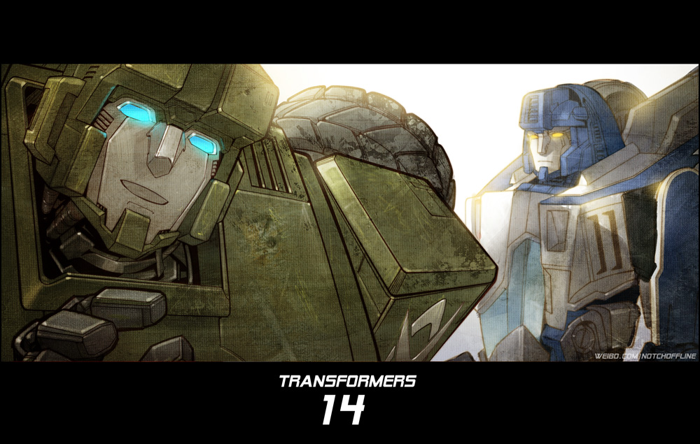 autobot glowing glowing_eyes hound_(transformers) letterboxed looking_at_viewer mecha mirage_(transformers) multiple_boys realistic robot science_fiction tire transformers xiling