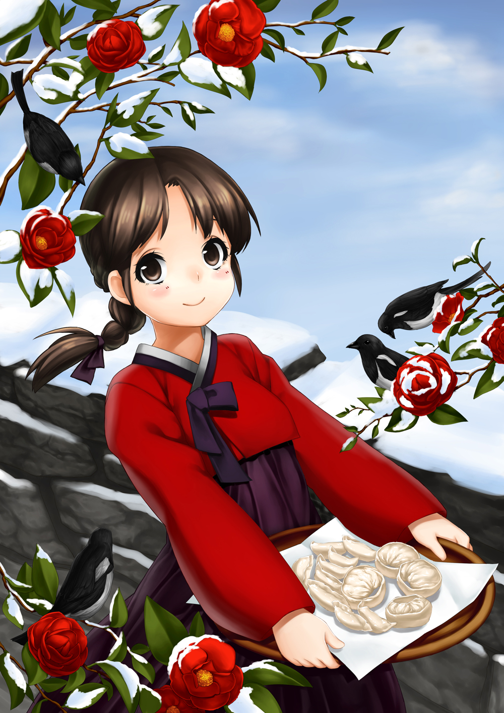 baozi bird black_eyes black_hair braid carrying dumpling flower food hair_ribbon hanbok highres korean_clothes looking_at_viewer magpie original ribbon rose single_braid smile solo_focus takotsu