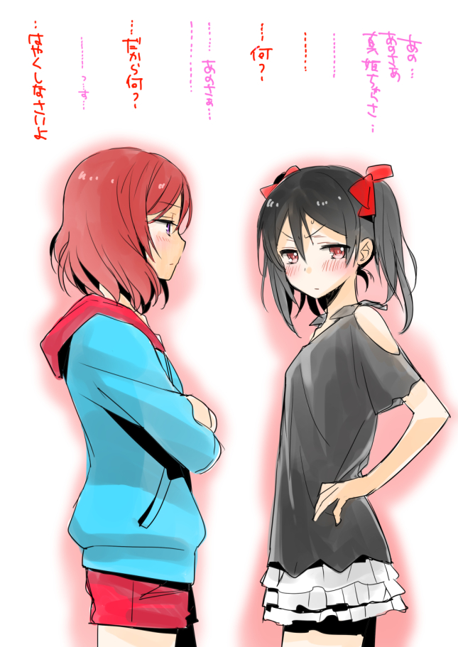 angry black_hair blush casual crossed_arms frown hood hoodie looking_at_another looking_away love_live! love_live!_school_idol_project multiple_girls nishikino_maki ooshima_tomo purple_eyes red_hair shirt short_hair shorts skirt tied_shirt translated twintails yazawa_nico