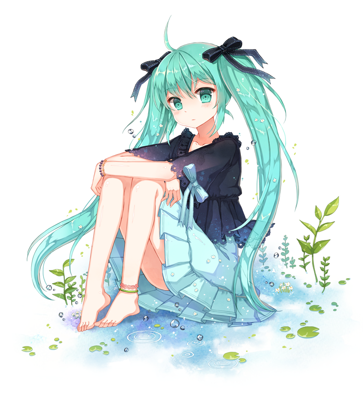 anklet aqua_eyes aqua_hair bad_id bad_pixiv_id barefoot blouse bracelet diten full_body hair_ribbon hatsune_miku jewelry legs long_hair ribbon ripples skirt solo twintails very_long_hair vocaloid water white_background