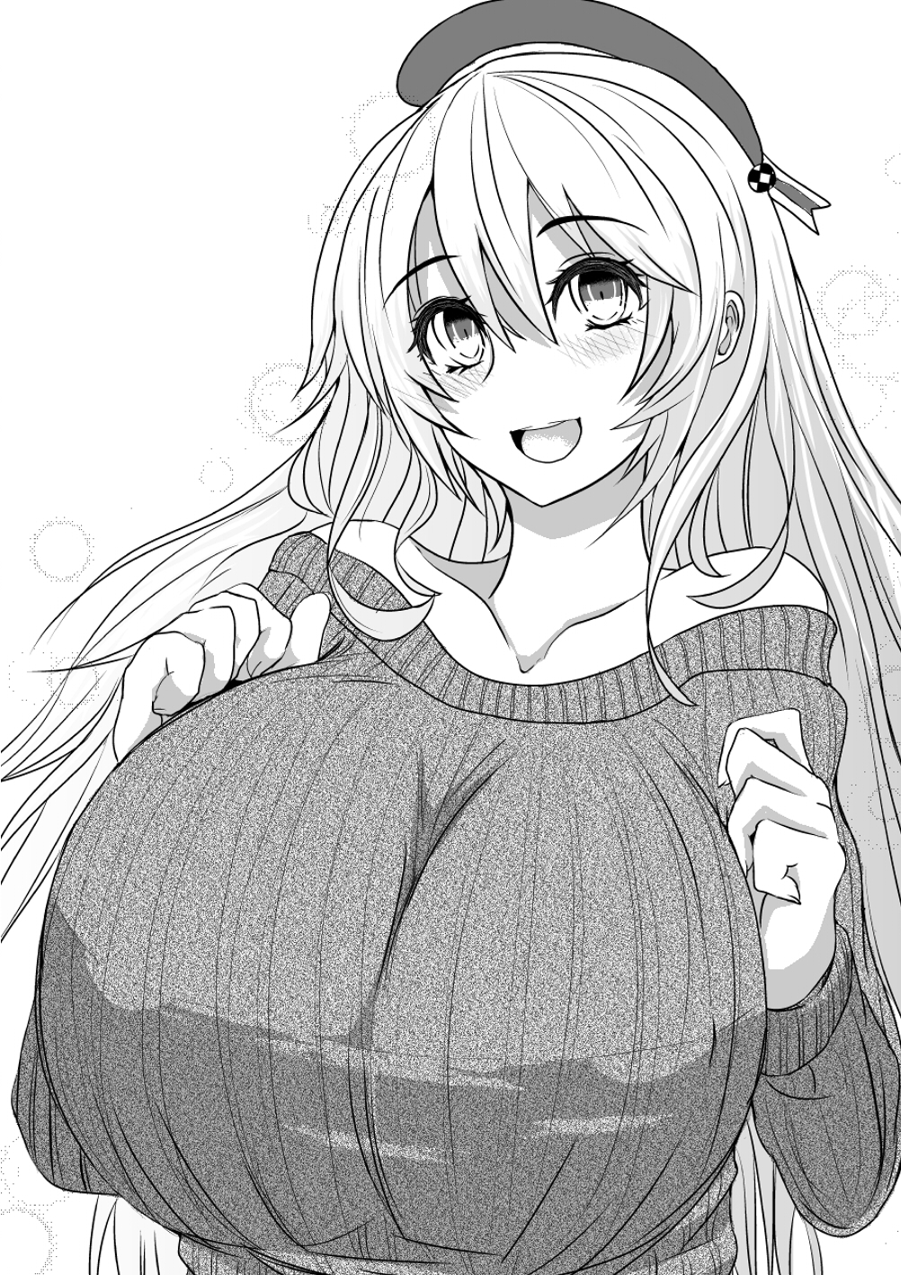 1girl atago_(kantai_collection) bare_shoulders beret breasts female hat highres huge_breasts kantai_collection long_hair monochrome nabeshiki_(nabeyashiki) open_mouth ribbed_sweater solo sweater upper_body