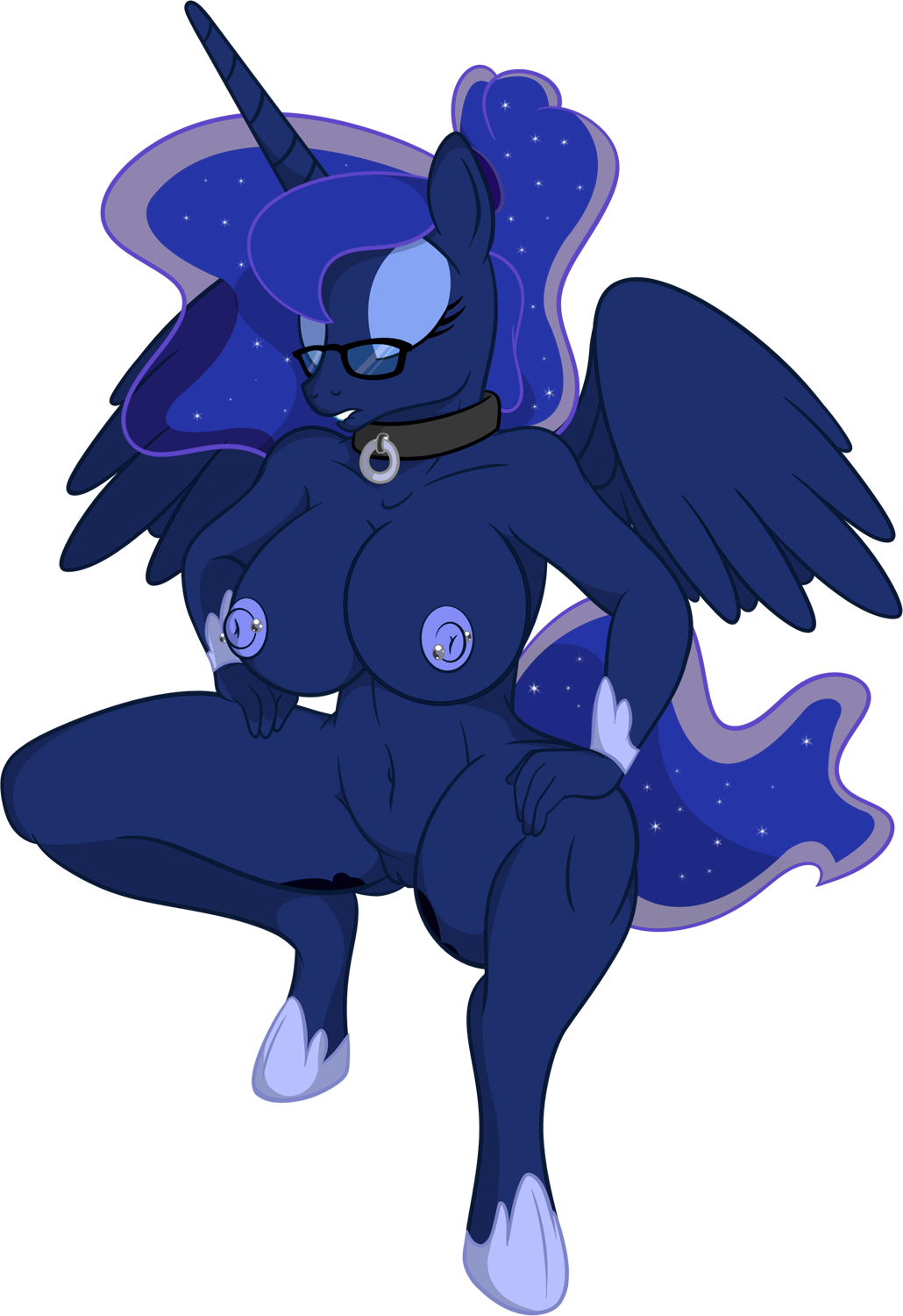 2014 alpha_channel anthro anthrofied big_breasts blue_hair breasts collar crouching cutie_mark el-loko equine eyesclosed eyewear female friendship_is_magic glasses hair horn mammal my_little_pony navel nipples nude piercing plain_background ponytail princess_luna_(mlp) pussy solo sparkels transparent_background winged_unicorn wings