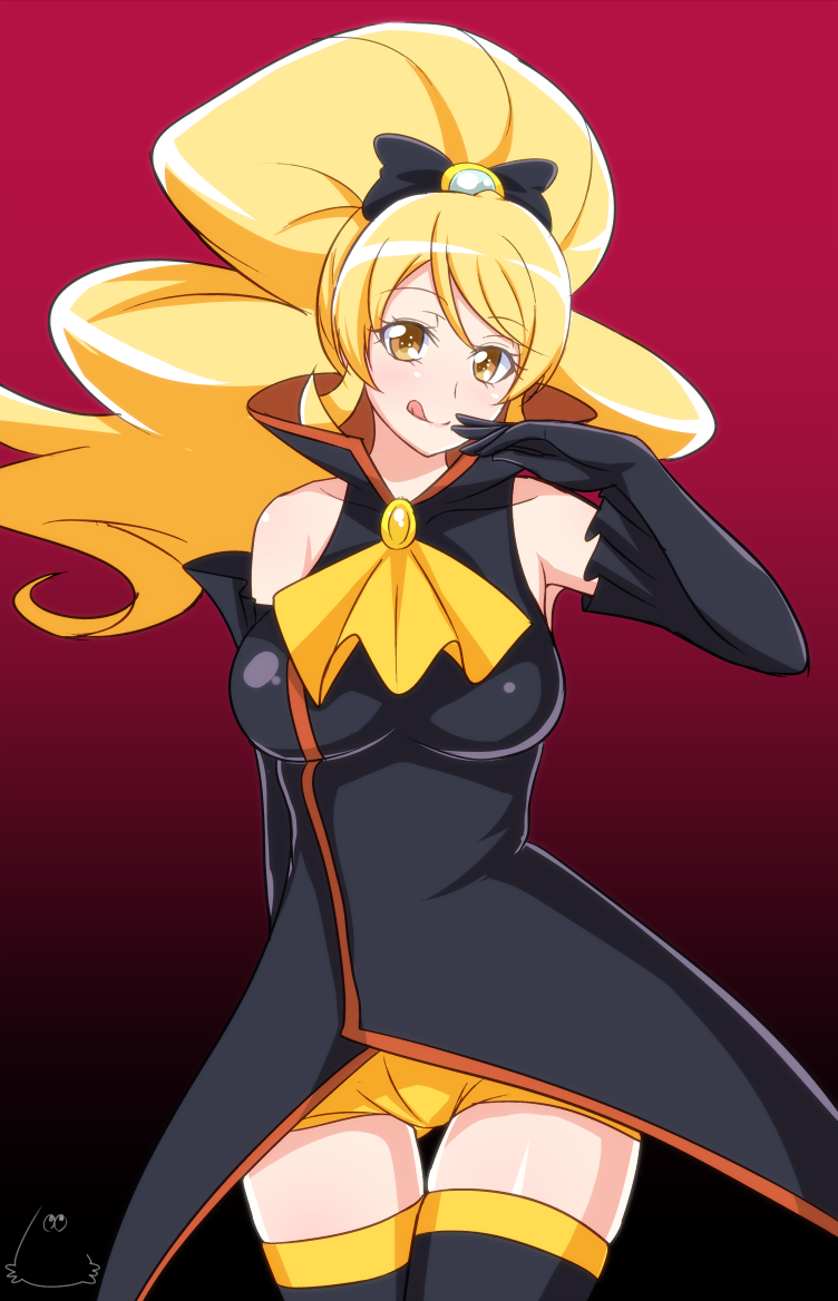 :q black_gloves blonde_hair breasts cosplay cure_honey elbow_gloves gloves happinesscharge_precure! jabara_tornado large_breasts long_hair naughty_face oomori_yuuko ponytail precure solo tongue tongue_out unlovely_(happinesscharge_precure!) unlovely_(happinesscharge_precure!)_(cosplay) wide_ponytail yellow_eyes