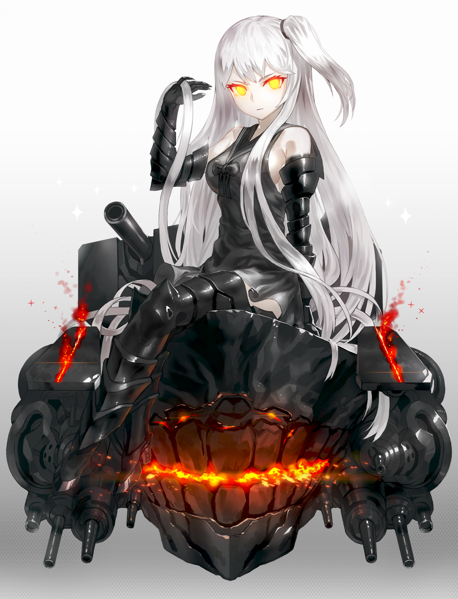 aircraft_carrier_oni armor armored_boots black_dress boots breasts cannon dress gauntlets glowing glowing_eyes high_heel_boots high_heels kantai_collection kfr large_breasts long_hair looking_at_viewer md5_mismatch no_pupils one_side_up pale_skin sailor_dress shinkaisei-kan short_dress sideboob sitting solo thigh_boots thighhighs very_long_hair yellow_eyes