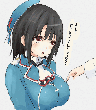 1girl :o admiral_(kantai_collection) animated animated_gif beret black_hair breast_poke breasts hat kantai_collection large_breasts lowres open_mouth poking red_eyes saku_(kudrove) short_hair solo_focus takao_(kantai_collection) translated translation_request uniform upper_body