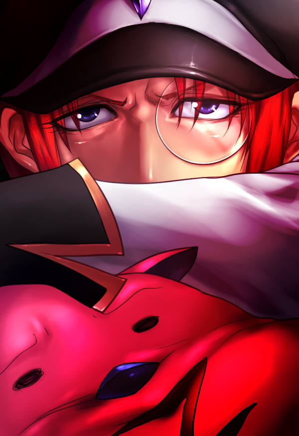 blue_eyes close-up face forte_stollen galaxy_angel hat looking_at_viewer monocle normad peaked_cap red_hair sawao solo