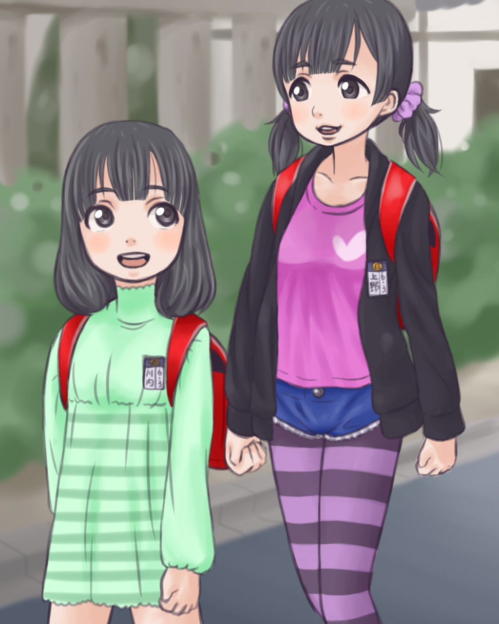 2girls abcnoa artist_request backpack bag black_hair blush female multiple_girls original outdoors outside randoseru short_shorts short_twintails shorts stockings striped striped_legwear thighhighs twintails walking