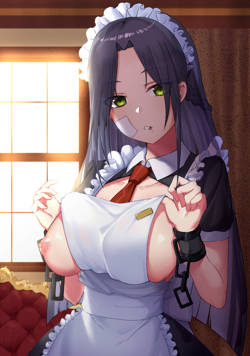 apron areolae bandaid bandaid_on_face black_hair breasts breasts_outside chains couch curtains eyebrows_visible_through_hair eyes_visible_through_hair green_eyes large_breasts long_hair looking_at_viewer maid maid_apron maid_headdress necktie nipples original parted_lips sideboob solo teeth upper_body window xiujia_yihuizi