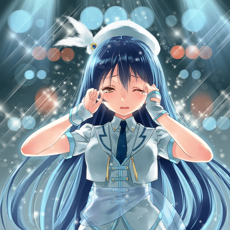 beret blue_hair crying hat hat_feather lens_flare long_hair love_live! love_live!_school_idol_project necktie one_eye_closed open_mouth solo sonoda_umi sparkle tears wavy_mouth wiping_tears wonderful_rush yasuyuki