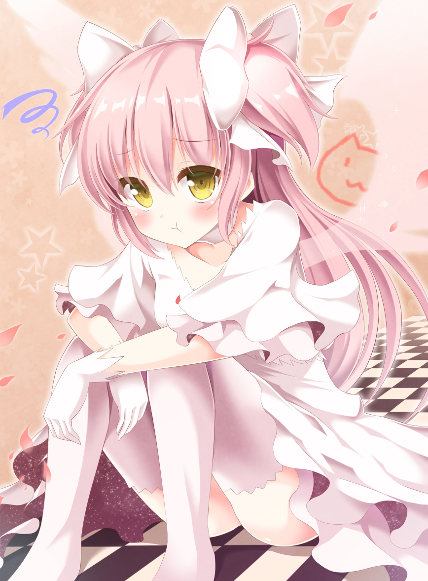 :t aibumi ass bad_id bad_pixiv_id blush bow collarbone commentary_request doodle dress gloves hair_bow kaname_madoka long_hair mahou_shoujo_madoka_magica petals pink_hair pink_legwear pink_wings pout sitting solo squiggle star thighhighs tile_floor tiles two_side_up ultimate_madoka upskirt very_long_hair white_dress white_gloves wings yellow_eyes