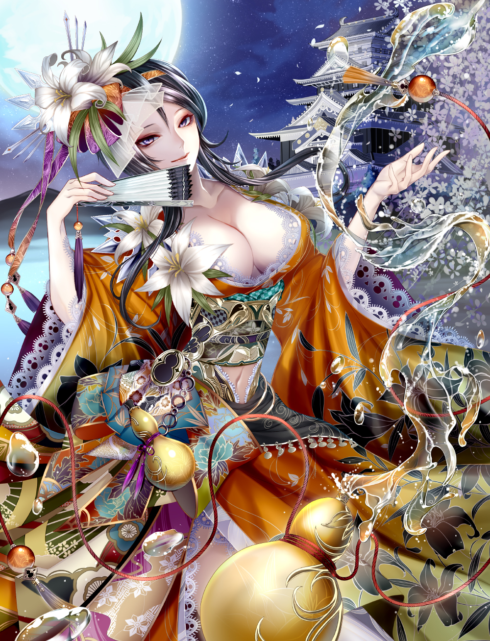 architecture black_hair breasts castle cherry_blossoms cleavage closed_fan collarbone commentary_request east_asian_architecture fan floral_print flower folding_fan full_moon gourd hair_flower hair_ornament hair_ribbon highres holding japanese_clothes lace-trimmed_sleeves large_breasts light_smile lily_(flower) lips liquid long_hair looking_at_viewer midriff mitsunari_miyako moon navel night night_sky obi original outdoors outstretched_hand petals purple_eyes ribbon sash sky solo spilling tassel tree_branch wide_sleeves