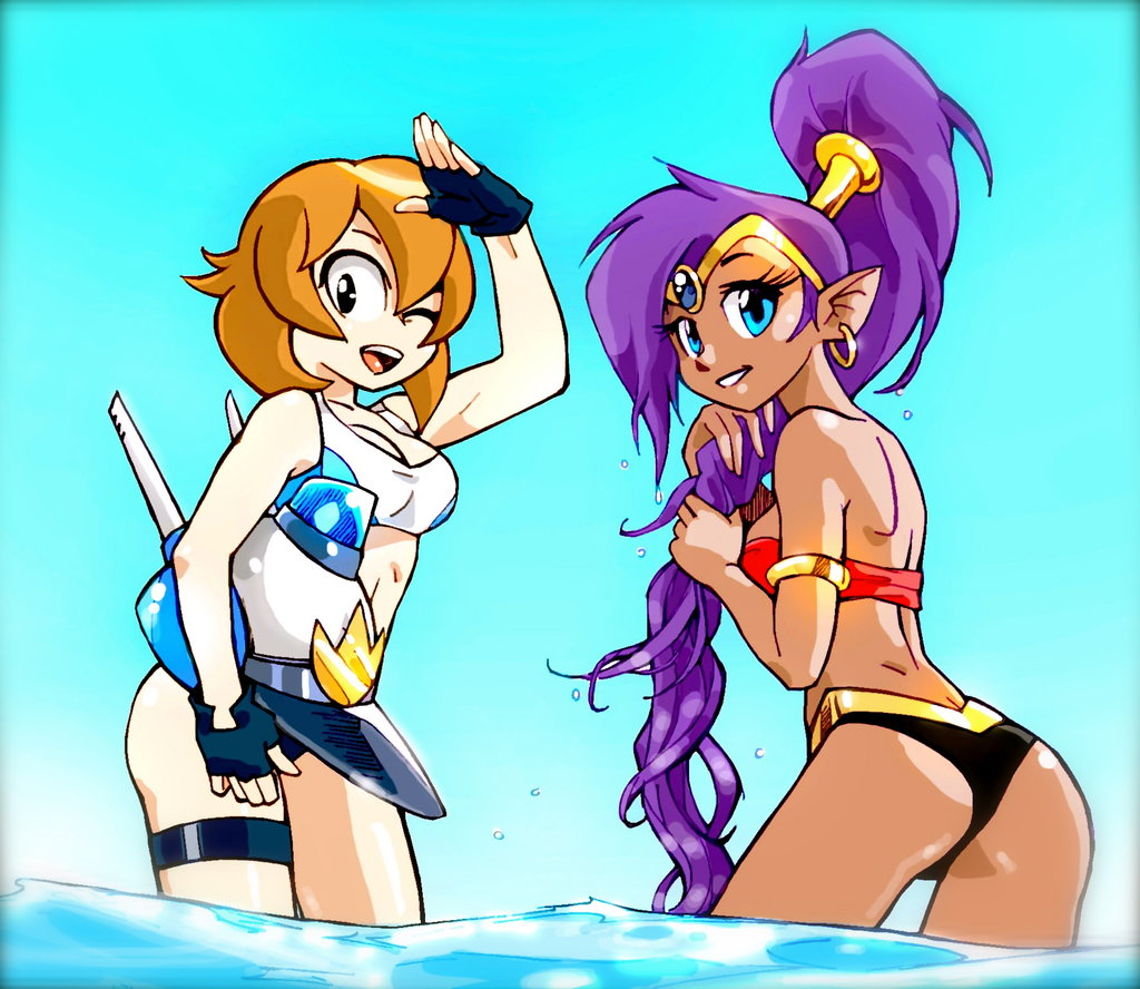 bikini blue_eyes brown_hair crossover ear_piercing female fingerless_gloves genie gloves hair looking_at_viewer looking_back machine mechanical mighty_switch_force patricia_wagon piercing ponytail purple_hair robot shantae shantae_(series) swimsuit unknown_artist