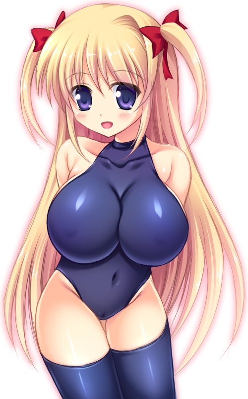 arms_behind_back blonde_hair blue_legwear blush breasts covered_navel cowboy_shot huge_breasts impossible_clothes leotard long_hair looking_at_viewer miu_(c_blue) open_mouth original purple_eyes smile solo thick_thighs thighhighs thighs turtleneck two_side_up