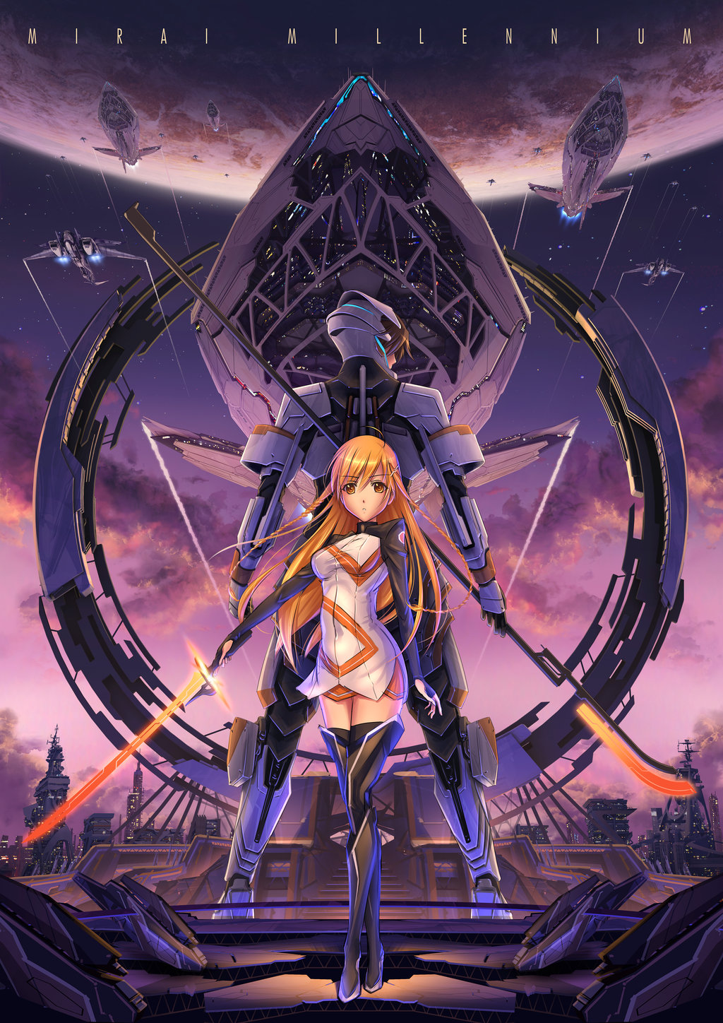 1girl armor back-to-back cloud cloudy_sky covered_navel culture_japan fingerless_gloves future gloves highres mirai_millennium moon pinakes sky space_craft star_(sky) starry_sky suenaga_mirai sword thighhighs weapon zettai_ryouiki